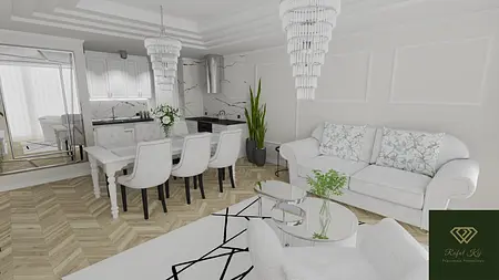 Wnętrze salonu glamour z białą sofą, stołem i roślinami