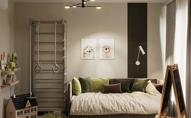 Pokój dziecięcy w stylu eklektycznym, glamour i minimalistycznym z zielonymi detalami.