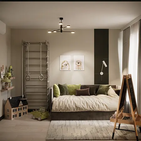 Pokój dziecięcy w stylu eklektycznym, glamour i minimalistycznym z zielonymi detalami.