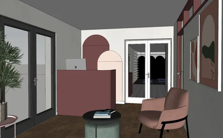 Wnętrze biura z eklektycznym stylem, dopamine decor, nowoczesne meble i rośliny.