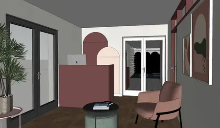 Wnętrze biura z eklektycznym stylem, dopamine decor, nowoczesne meble i rośliny.