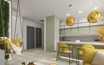 Nowoczesna kuchnia z eklektycznymi i minimalistycznymi elementami oraz współczesnymi lampami.