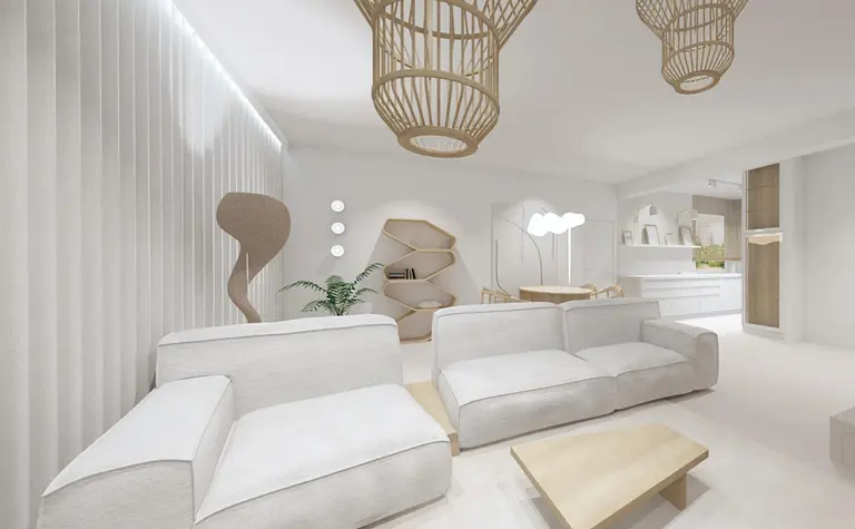 Salon w stylu boho i japandi z jasnymi meblami i drewnem