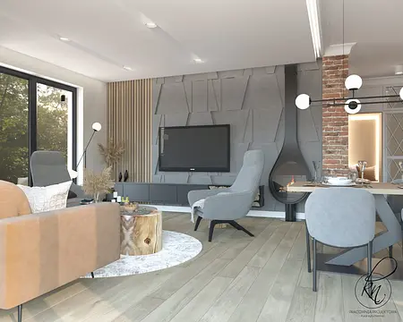 Wnętrze salonu w stylu rustykalnym z szarymi meblami i drewnianymi elementami.