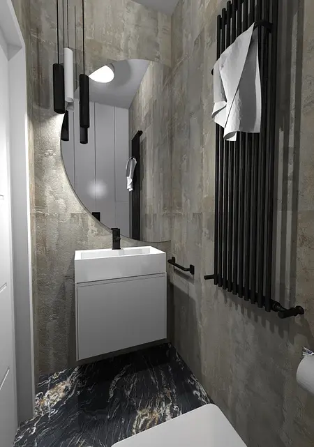 Łazienka w stylu dopaminowym z industrialnymi i minimalistycznymi elementami.