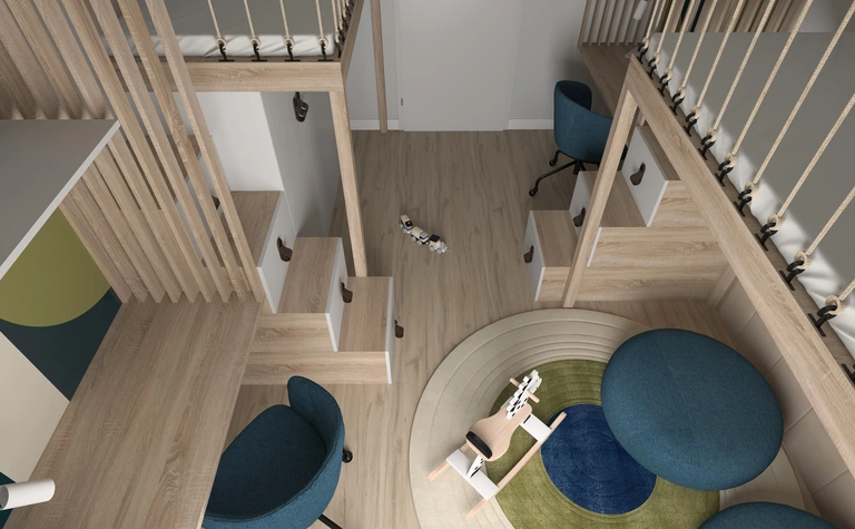 Pokój dziecięcy z drewnianymi meblami i zabawkami w stylu dopamine decor.