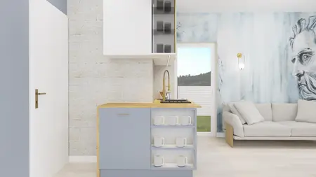 Kuchnia z minimalistycznym wystrojem, szarymi i białymi meblami, nowoczesnym blatem