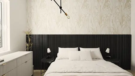 Sypialnia z boho, eklektycznym i minimalistycznym stylem, czarnym zagłówkiem, białą pościelą