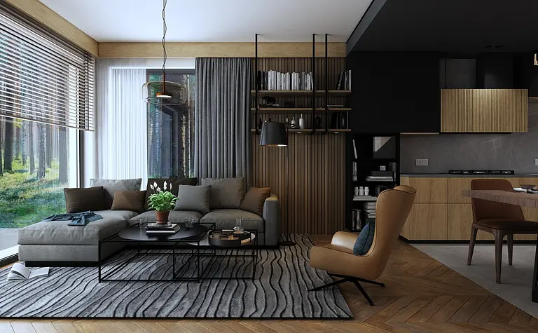 Wnętrze salonu z elementami industrialnymi, nowoczesnymi i współczesnymi.