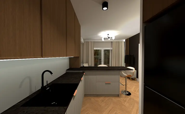 Współczesna kuchnia z drewnianymi meblami i czarnym blatem