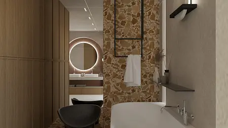 Nowoczesna łazienka boho z drewnem, minimalistyczna i japandi.