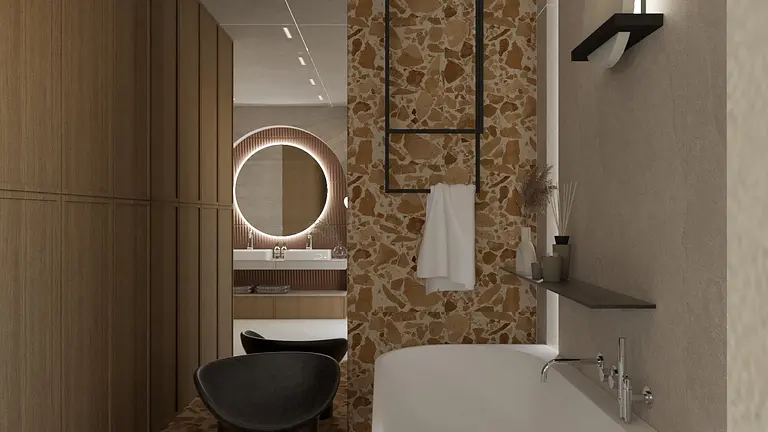 Nowoczesna łazienka boho z drewnem, minimalistyczna i japandi.