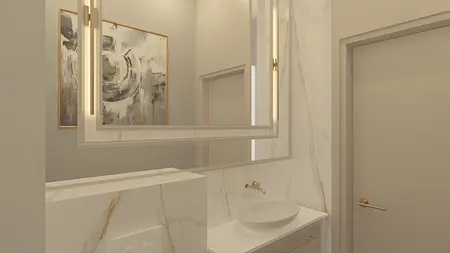Elegancka łazienka z białą umywalką, szarymi ścianami i eklektycznym obrazem.