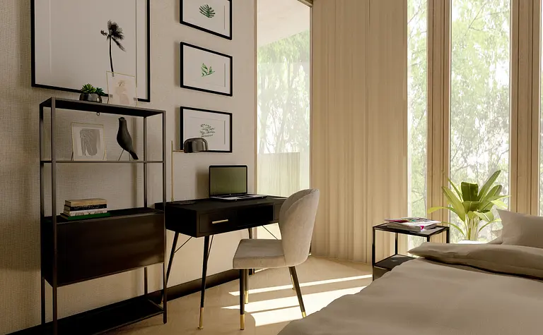 Nowoczesny gabinet z biurkiem, roślinami i sztuką ścienną w stylu art deco, minimaluxe.