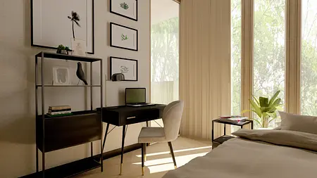 Nowoczesny gabinet z biurkiem, roślinami i sztuką ścienną w stylu art deco, minimaluxe.