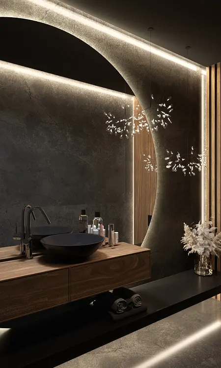 Wnętrze nowoczesnej łazienki z drewnianą umywalką, minimalistycznym oświetleniem i akcesoriami.