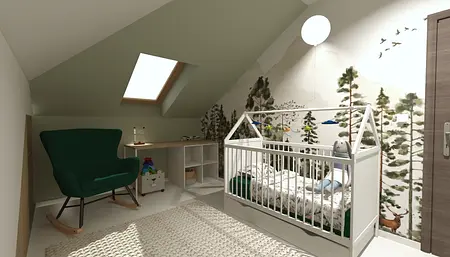 Pokój dla dzieci z zieloną sofą, łóżeczkiem i muralem leśnym.