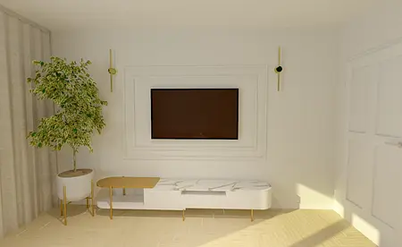 Współczesne wnętrze salonu z telewizorem, białymi meblami i rośliną