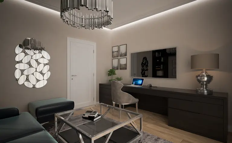 Wnętrze salonu w stylu glamour i nowoczesnym z eleganckim oświetleniem.