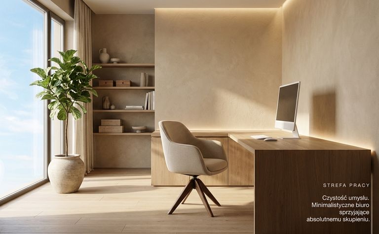 Minimalistyczne biuro w stylu japandi z drewnianym biurkiem i zieloną rośliną