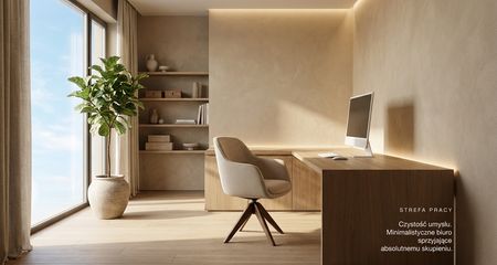 Minimalistyczne biuro w stylu japandi z drewnianym biurkiem i zieloną rośliną