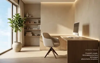 Minimalistyczne biuro w stylu japandi z drewnianym biurkiem i zieloną rośliną