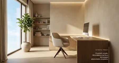 Minimalistyczne biuro w stylu japandi z drewnianym biurkiem i zieloną rośliną