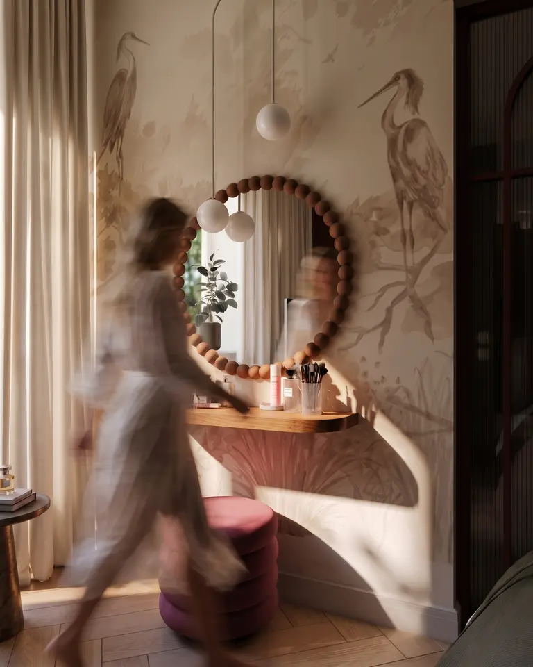 Sypialnia z toaletką i okrągłym lustrem, różowy puf, styl art deco, eklektyczny, vintage, współczesny