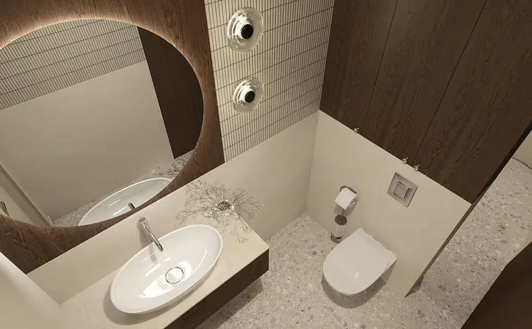 Nowoczesna łazienka z drewnianymi elementami i minimalistycznym designem