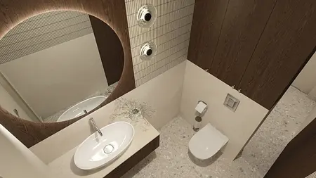 Nowoczesna łazienka z drewnianymi elementami i minimalistycznym designem