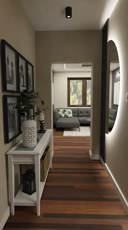 Korytarz z białymi elementami i brązową podłogą, nowoczesny design.