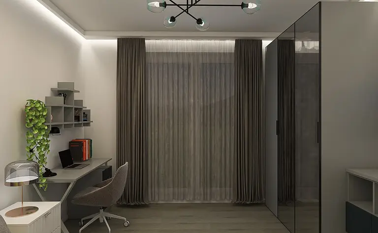 Eklektyczne wnętrze biura z minimalistycznym biurkiem, nowoczesną lampą i rośliną.