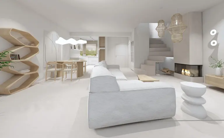 Wnętrze salonu w stylu boho i japandi z białymi meblami i drewnem.