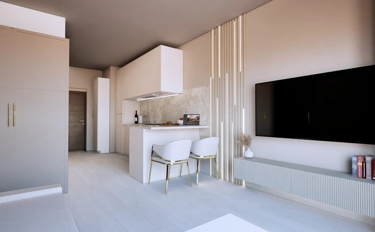 Wnętrze kuchni z białymi meblami i minimalistycznymi akcentami w stylu glamour.