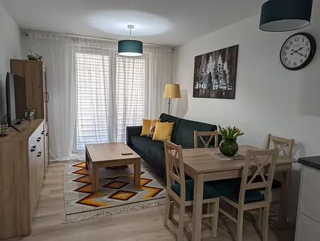 Wnętrze salonu w stylu art deco, prowansalskim, skandynawskim i tradycyjnym z zieloną sofą.