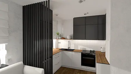 Kuchnia w stylu minimalistycznym i współczesnym z drewnianym blatem i czarnymi meblami.