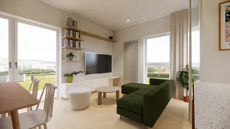 Wnętrze salonu w stylu nowoczesnym z zieloną sofą.