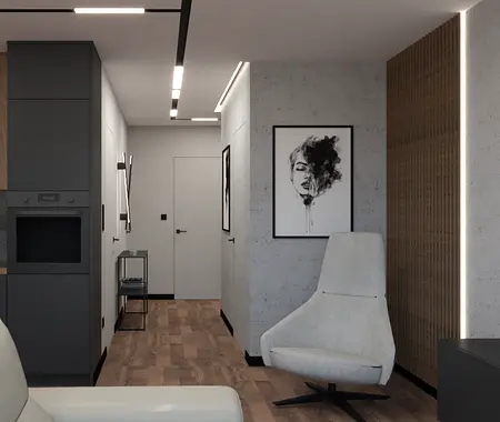 Wnętrze w stylu nowoczesnym i soft minimalizm z szarymi meblami i drewnianą podłogą.