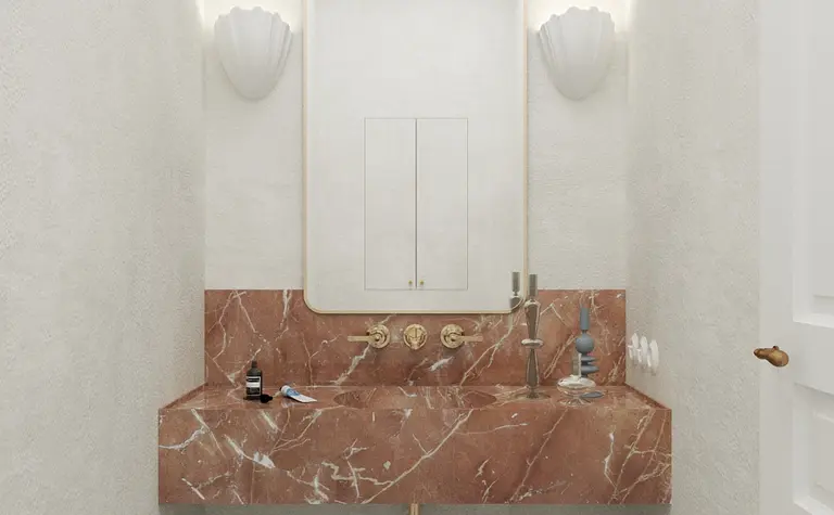 Wnętrze toalety z marmurową umywalką i jasnymi ścianami, styl art deco, minimaluxe, quiet luxury.