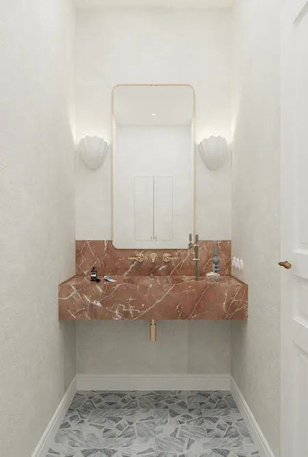 Wnętrze toalety z marmurową umywalką i jasnymi ścianami, styl art deco, minimaluxe, quiet luxury.