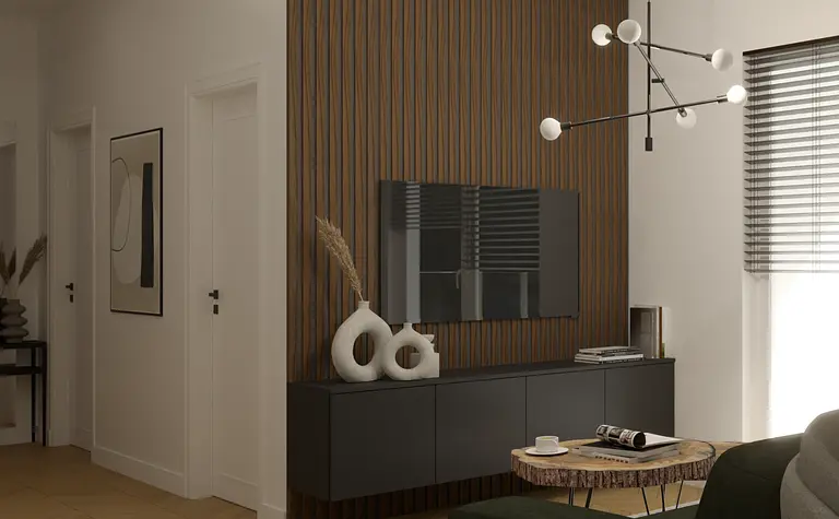 Wnętrze salonu w stylu industrialnym z minimalistycznymi akcentami, nowoczesne meble.