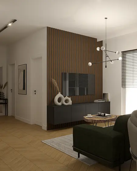 Wnętrze salonu w stylu industrialnym z minimalistycznymi akcentami, nowoczesne meble.