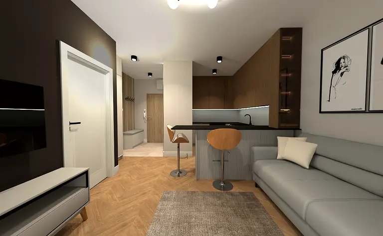 Wnętrze współczesnej kuchni z beżowymi meblami i drewnianymi elementami.