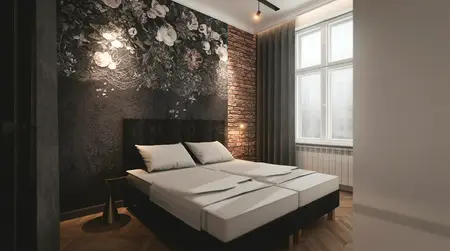 Sypialnia z kwiecistą tapetą, ciemnymi meblami, styl art deco i eklektyczny