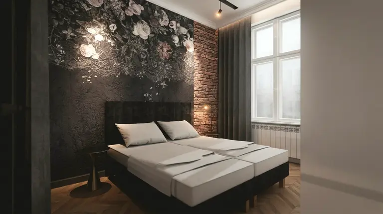 Sypialnia z kwiecistą tapetą, ciemnymi meblami, styl art deco i eklektyczny