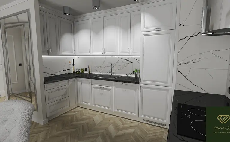 Kuchnia w stylu glamour z białymi meblami i czarnym blatem.