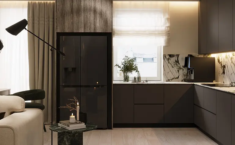Eklektyczne wnętrze kuchni z minimalistycznym blatem i glamour akcentami.