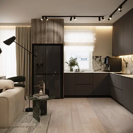 Eklektyczne wnętrze kuchni z minimalistycznym blatem i glamour akcentami.
