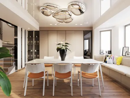 Wnętrze jadalni z elementami glamour i soft minimalizmu, nowoczesne meble i stylowe detale.