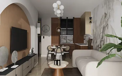 Współczesny salon z beżową sofą, drewnianym stołem i rośliną.